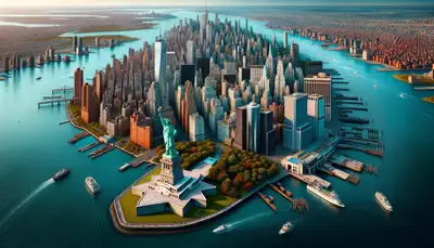 Vista hiperrealista en 3D de una ciudad centrada en un monumento