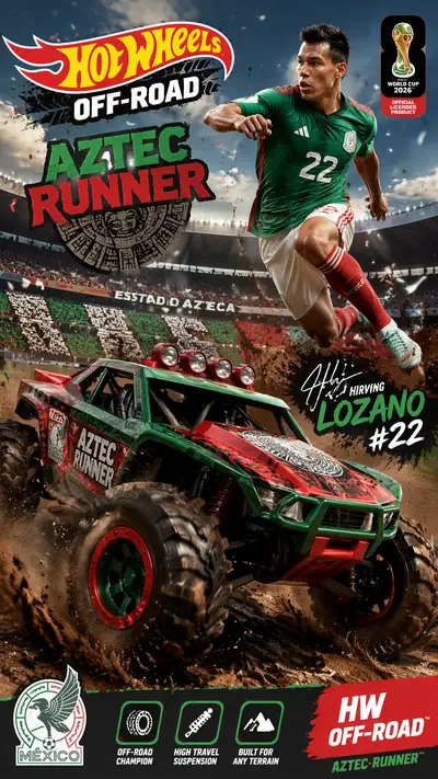 Hot Wheels poster of Hirving Lozano as Aztec Runner car