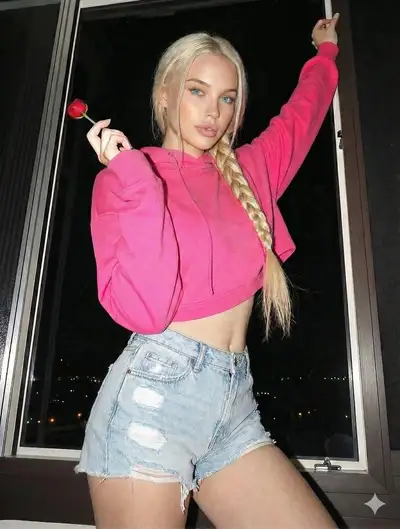 Flash-lit portrait with pink hoodie, rose and cool-girl styling