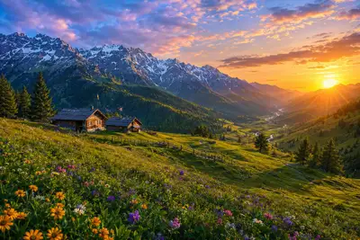 Golden Sunset Mountain Valley with Wildflowers