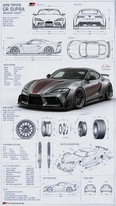 Fusión de plano técnico y render 3D de un Toyota GR Supra