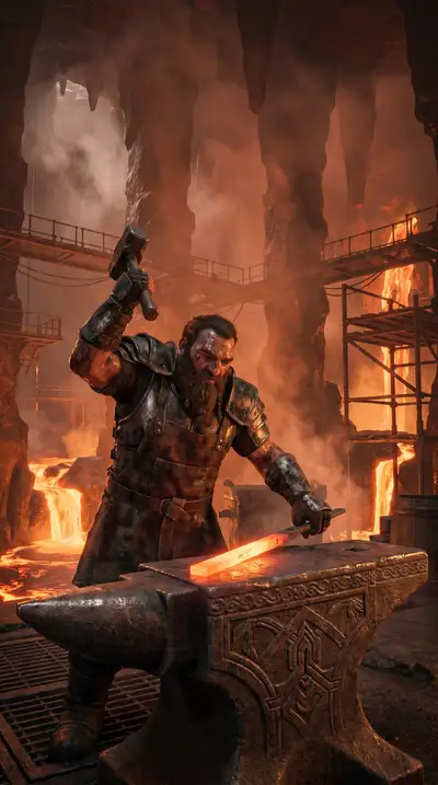 Dwarven Blacksmith Volcanic Forge Fantasy Scene