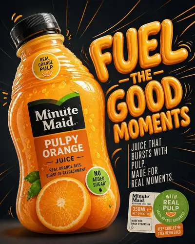 JSON structured commercial ad prompt for orange juice bottle