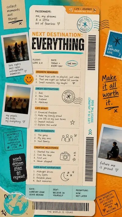 Next Destination boarding-pass life-storytelling poster prompt