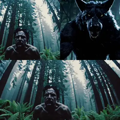Prompt cinematográfico de Sora: Hombre lobo negro