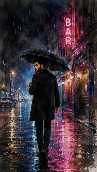 Rainy Night Neon Watercolor Street Scene
