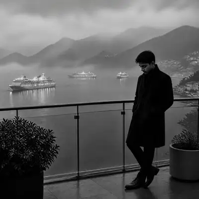 Moody black and white balcony portrait prompt in JSON