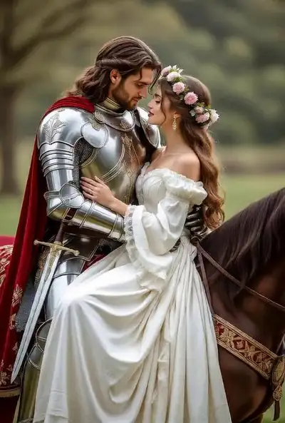 ラファエル前派風、庭園で優しくキスする騎士と女性