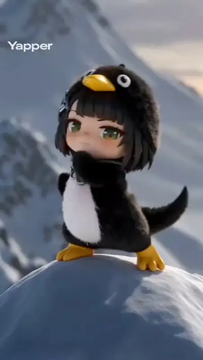 Kawaii Penguin Girl in Snowy Mountains