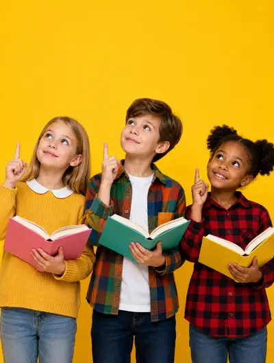 Three children pointing upward with an idea on a yellow background
