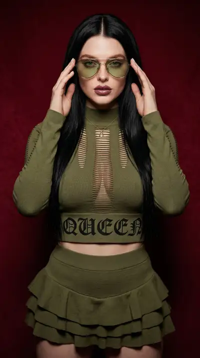 Editorial fashion portrait with olive outfit and gothic typography