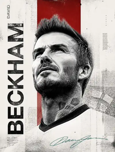 Editorial poster portrait of David Beckham in newspaper collage style