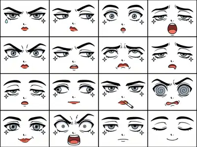 Anime expression sticker sheet template, 16-panel celluloid style