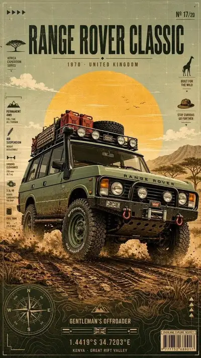 Vintage overland expedition vehicle adventure poster