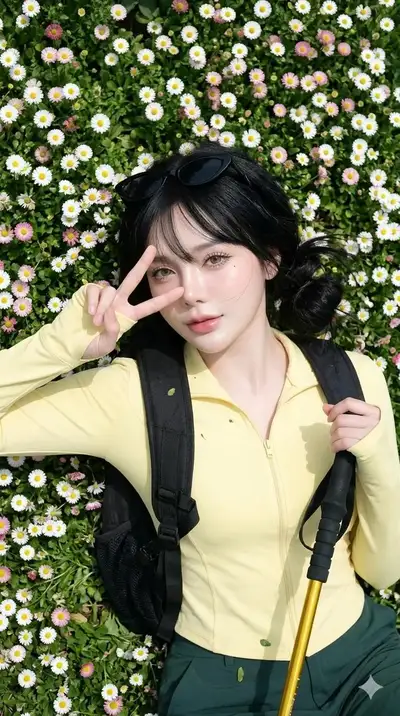 Photorealistic Woman in Daisy Field
