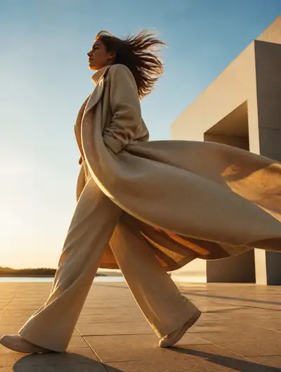 Golden hour wind-swept coat campaign photograph