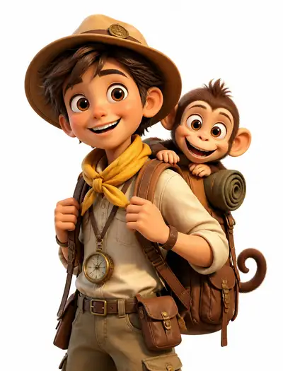 Pixar-style explorer with baby monkey character render