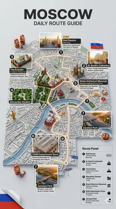 Hyper-realistic 3D infographic poster of a one-day tourist route