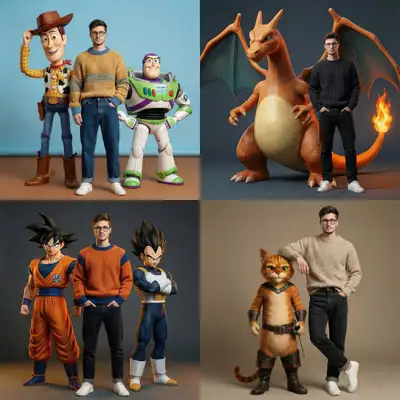 Modeporträts neben riesigen fotorealistischen 3D-animierten Figuren