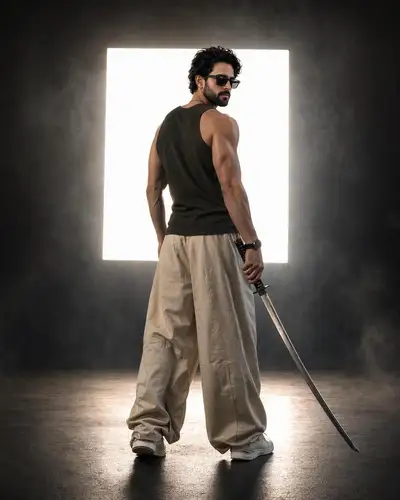Backlit studio portrait of a man holding a katana