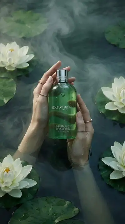 Luxury Bath Gel Bottle Held in Water With Lotus