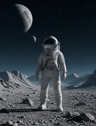 二つの月を持つ異星の惑星に立つ宇宙飛行士