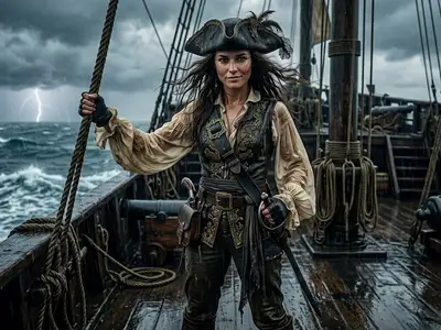 Cinematic Pirate Portrait on Rain-Slicked Deck