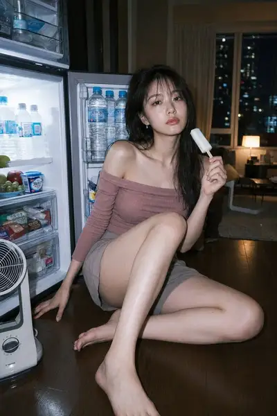 Portrait nocturne devant le frigo dans un appartement à Tokyo