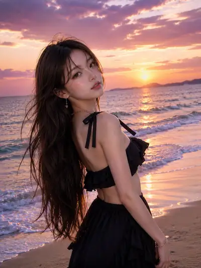 粉彩晚霞下的黄金时刻沙滩人像，GPT Image 2
