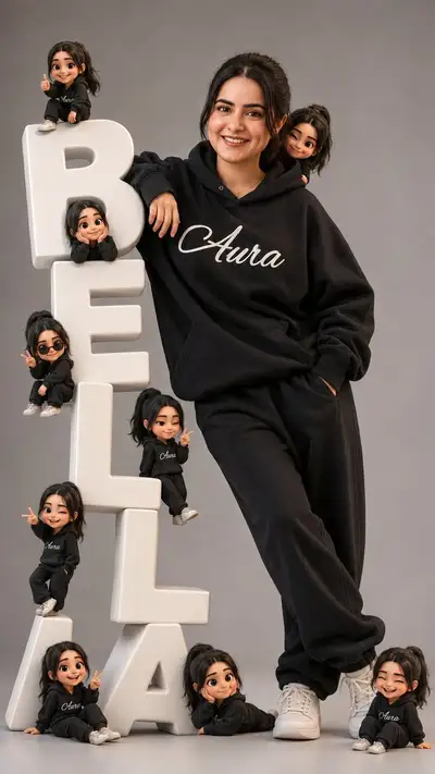 Portrait façon Pixar entouré de versions chibi sur des lettres géantes