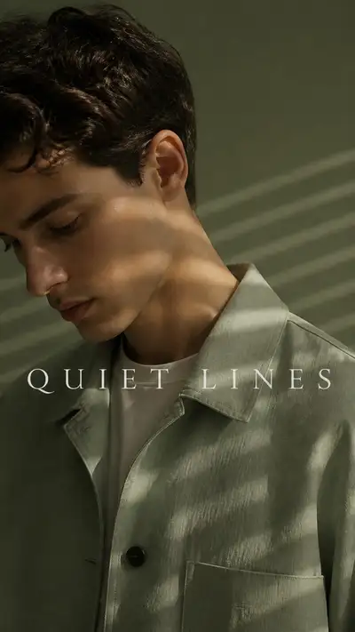 Sage-tone menswear portrait with light stripes prompt