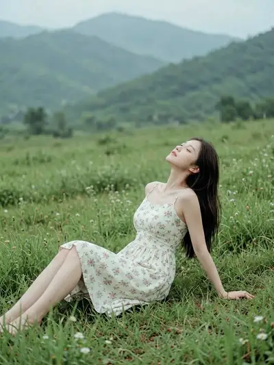 Dreamy summer dress portrait in a misty meadow