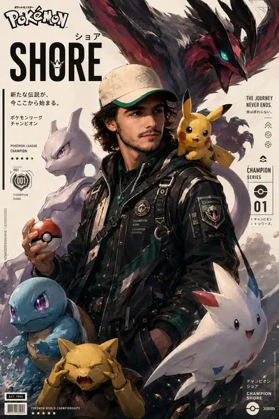 Cinematic Pokemon Champion Poster with Person Reference