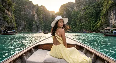 Woman in Yellow Gown on Wooden Boat in Turquoise Waters
