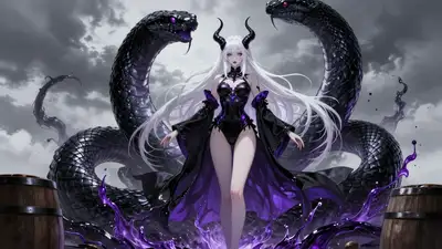 Dark fantasy succubus with a colossal obsidian serpent
