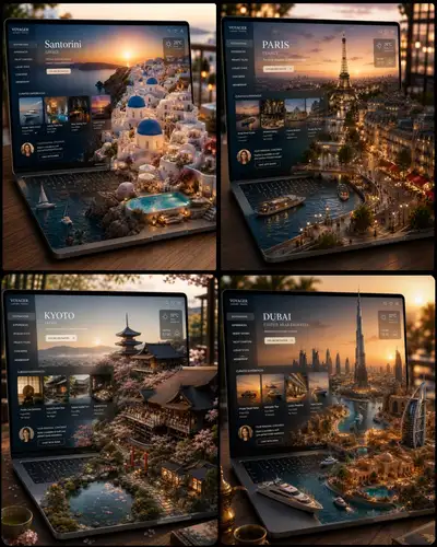 Reiseziel als Miniaturwelt aus einem MacBook (Vorlage)