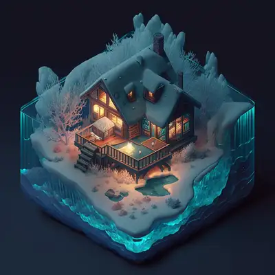 Surreales Winterblockhaus-Isometrie-Diorama