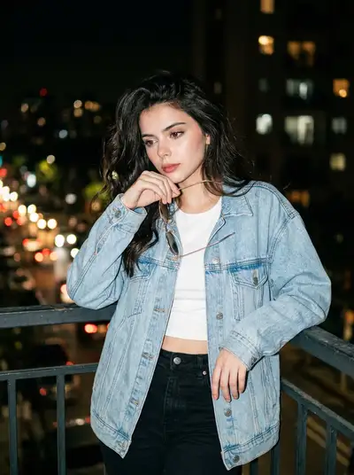 強いフラッシュとデニムジャケットによるバルコニー夜景ポートレート