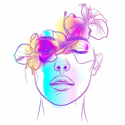 Simple Line Art Face with Flowers