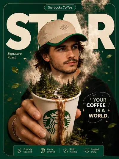 Surreal coffee world poster ad for a coffee brand