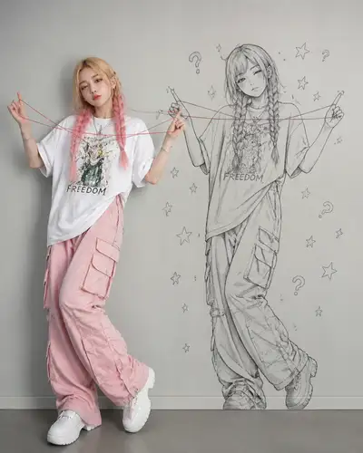 真实女孩与墙上匹配铅笔素描的互动