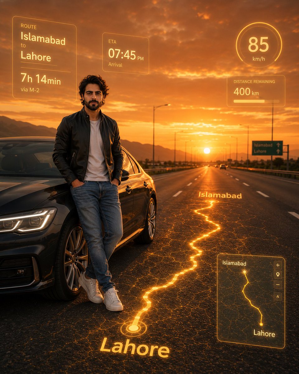 Photorealistic young man standing beside a sleek modern car on a wide highway
