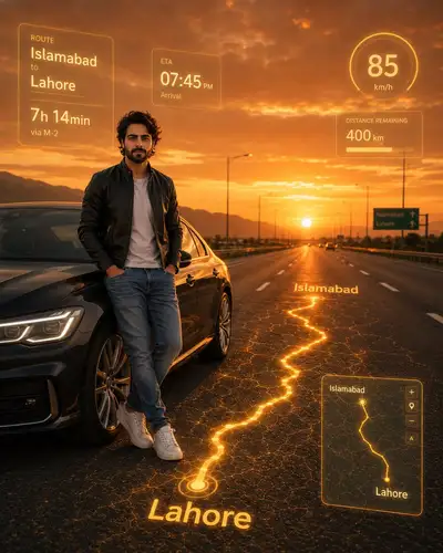 Fotorealistischer junger Mann steht neben einem schnittigen modernen Auto auf einer breiten Autobahn