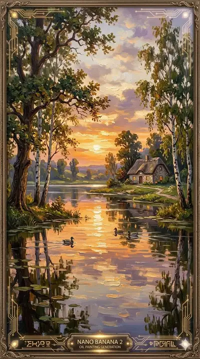 Oil Painting Serene Countryside Landscape