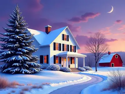 Snowy Farmhouse at Sunset