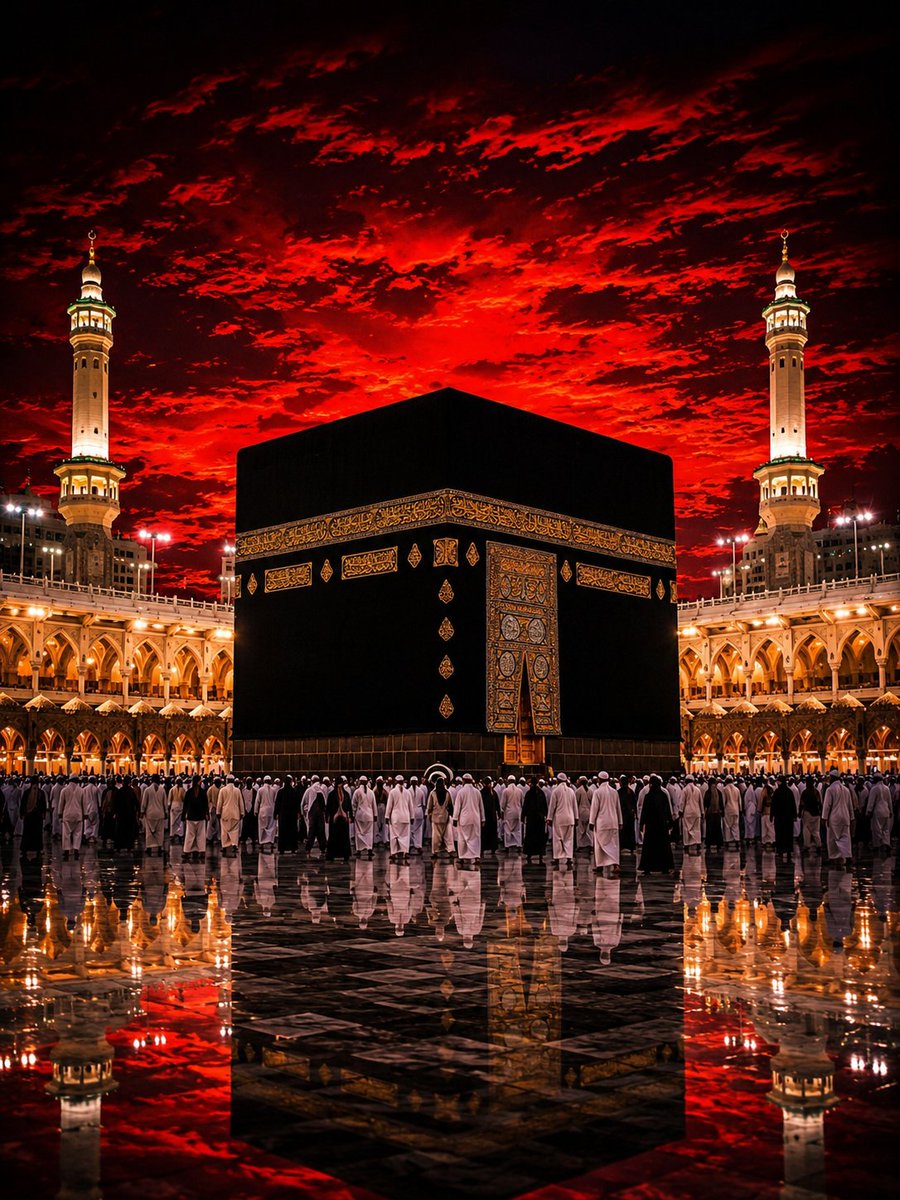 A breathtaking cinematic photograph of the Kaaba at Masjid al-Haram in Mecca