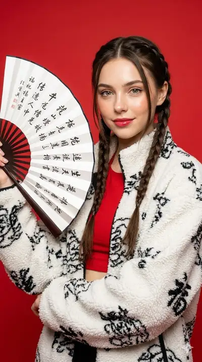 Studio Portrait with Fan and Red Backdrop