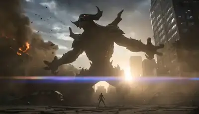 Actionsequenz: Kriegerin gegen kolossales Monster