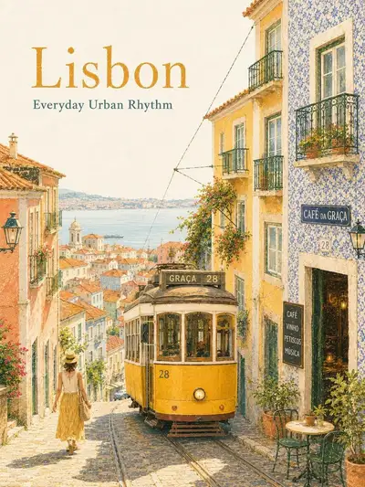 Vintage travel poster illustration of Lisbon