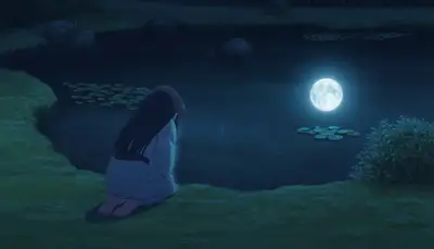 Anime-style stillness: girl by pond with moon reflection and koi